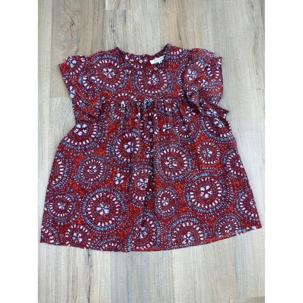 Rose + Olive Red Blue Medallion Print Flutter Sleeve Babydoll Top Medium